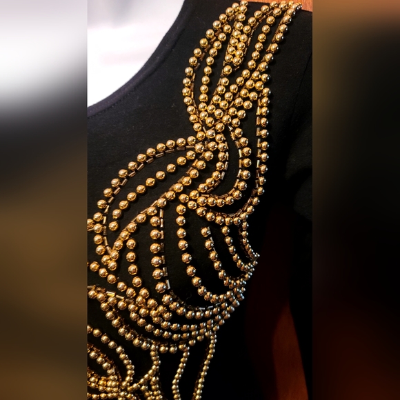 STUNNING lux stretchy black dress with gold beaded embroidery by Taris Stars szM - Picture 2 of 8